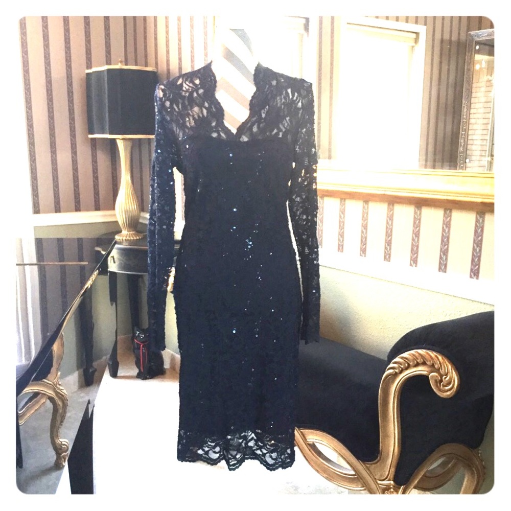Deep blue sequined lace cocktail dress.